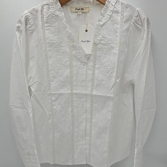 Simple Retro Faith‎ Lace Patchwork Embroidered Off White L Cottagecore Blouse - Picture 4 of 10